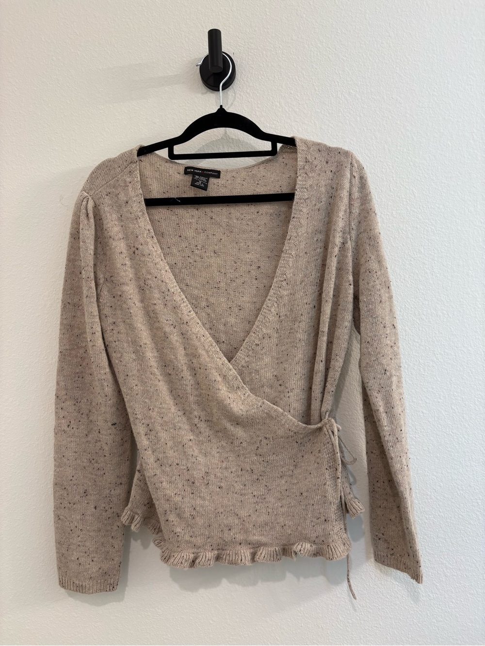 New York & Company Beige Speckled Wrap Sweater with Fringe